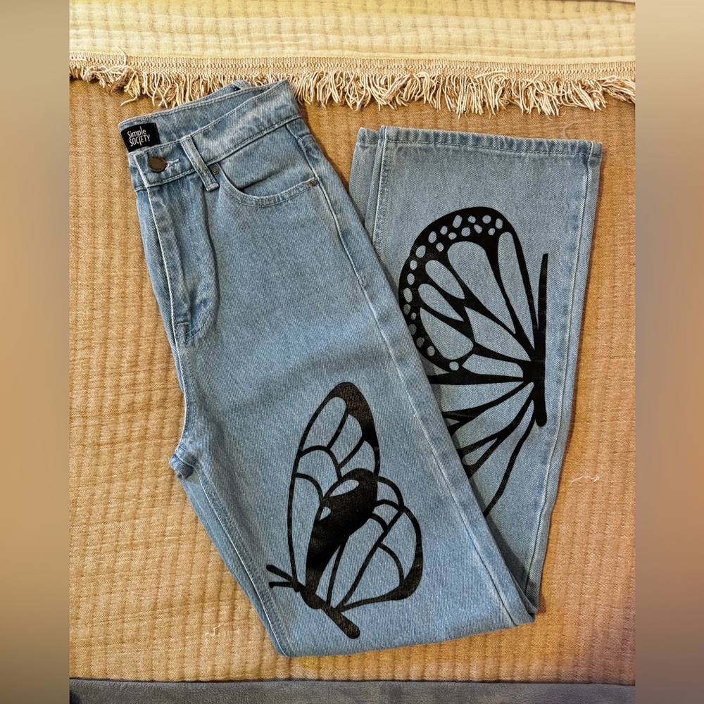 Simple Society High Waisted Butterfly Print Jeans